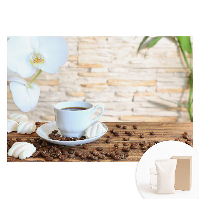 Fototapeta na netkané textilii Káva a orchidej na dřevě