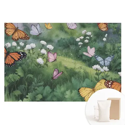 Fototapeta na vliesu Barevní motýli nad loukou plnou květin