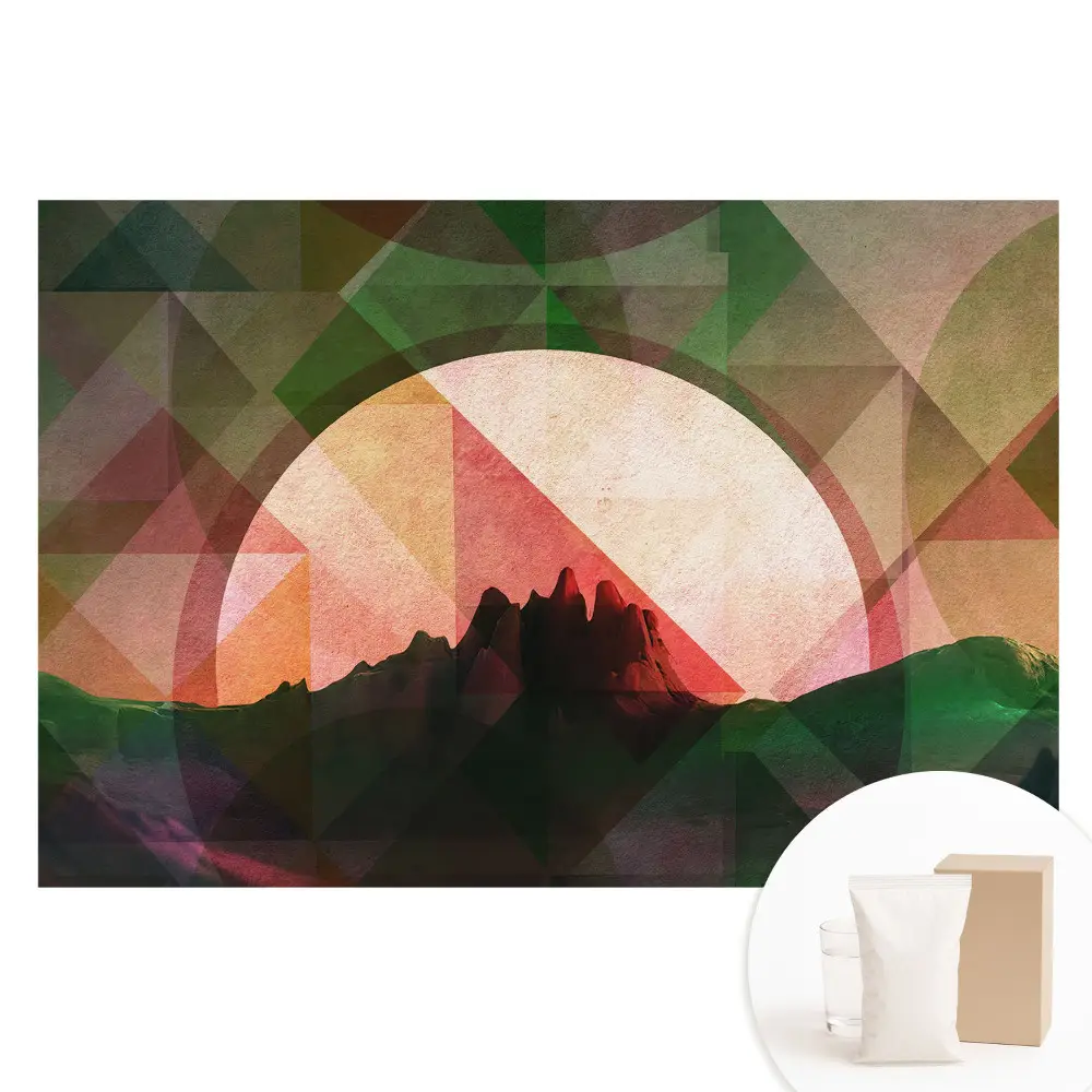 Netkaná tapeta s geometrickým motivem západu slunce nad horami