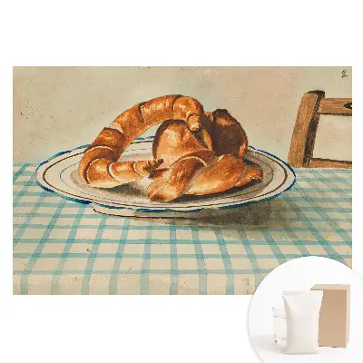 Fototapeta na netkané textilii Croissanty na talíři u kostkovaného stolu