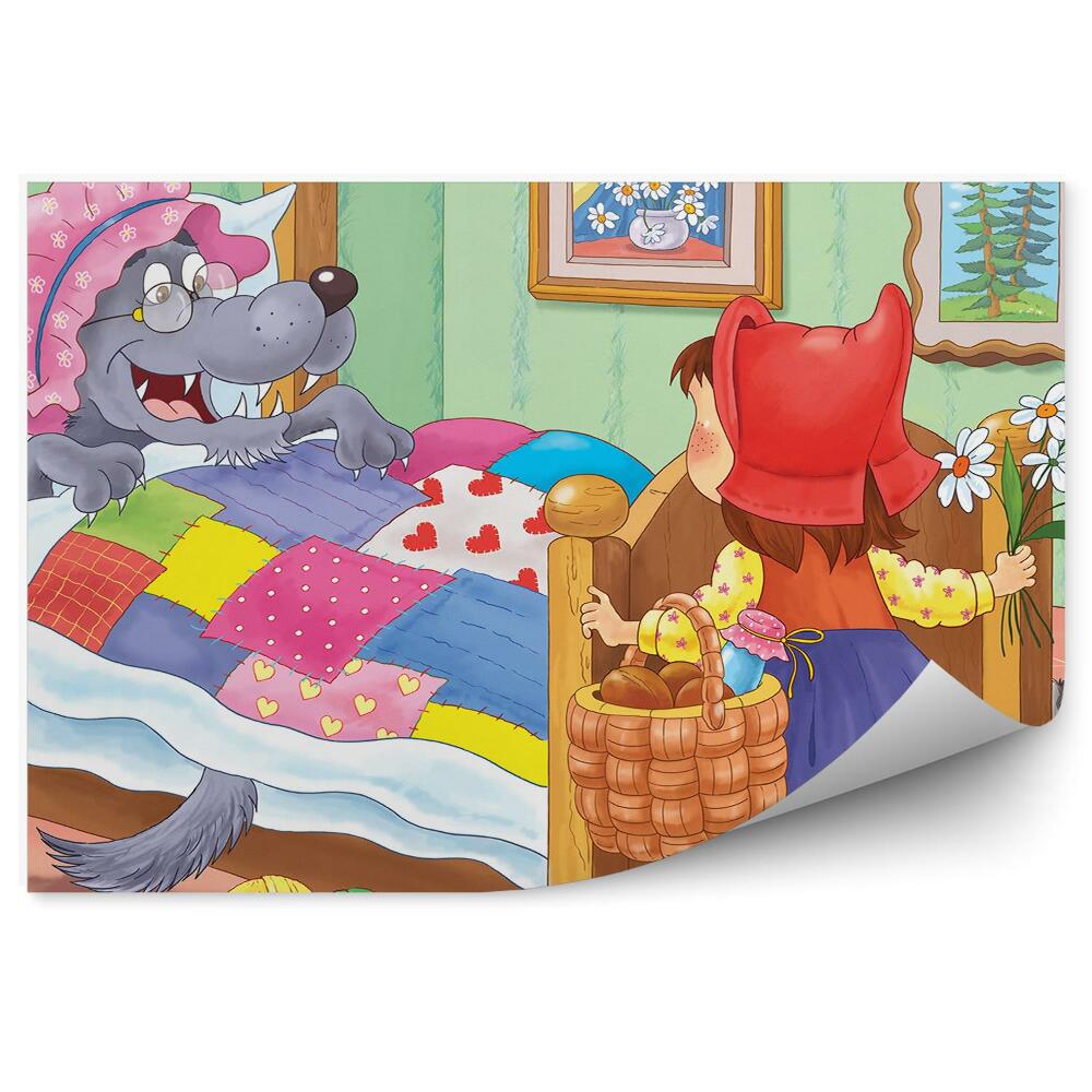 Samolepící fototapeta Vlk převlečený za babičku domeček holčička