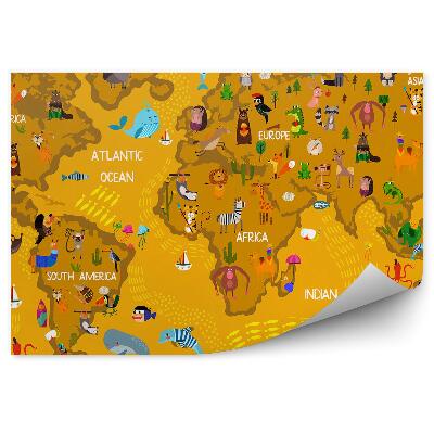 Samolepící fototapeta Hnědá mapa světa pro děti jména zvířat