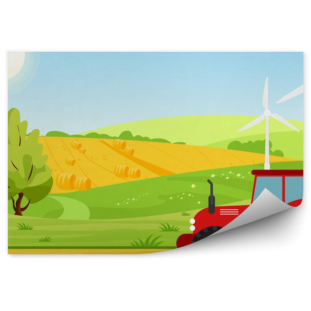 Fototapeta Červený traktor na poli větrné mlýny stromy