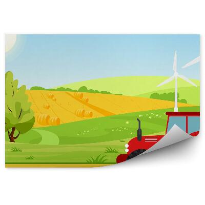 Fototapeta Červený traktor na poli větrné mlýny stromy