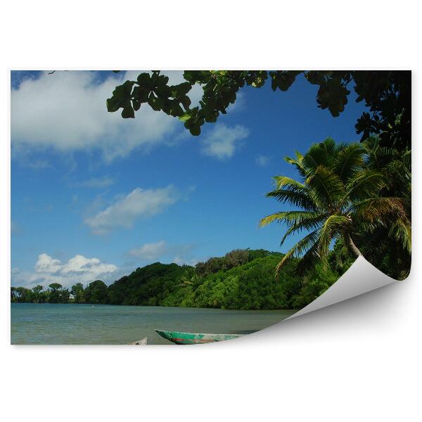 Samolepící fototapeta Oceán lodě hory palmy nebe mraky