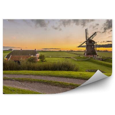 Fototapeta na zeď Dřevěný větrný mlýn pole trávy západ slunce