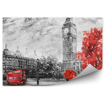 Fototapeta Dvoupatrový autobus budovy lidé strom olejomalba