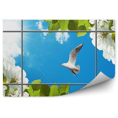 Fototapeta na zeď Bílý pták kvetoucí strom modrá obloha