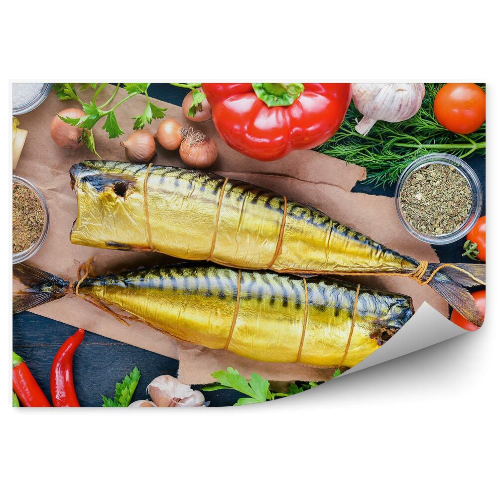 Fototapeta na zeď Uzená ryba deska zelenina olej