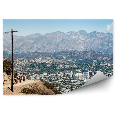 Fototapeta na zeď Koně hory mrakodrapy tráva nebe mraky Kalifornie Los Angeles