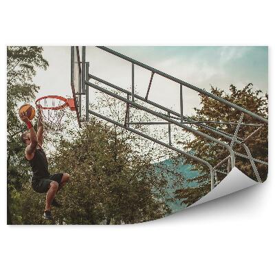 Samolepící fototapeta Basketbalový míč basketbalový koš stromy budovy lavička