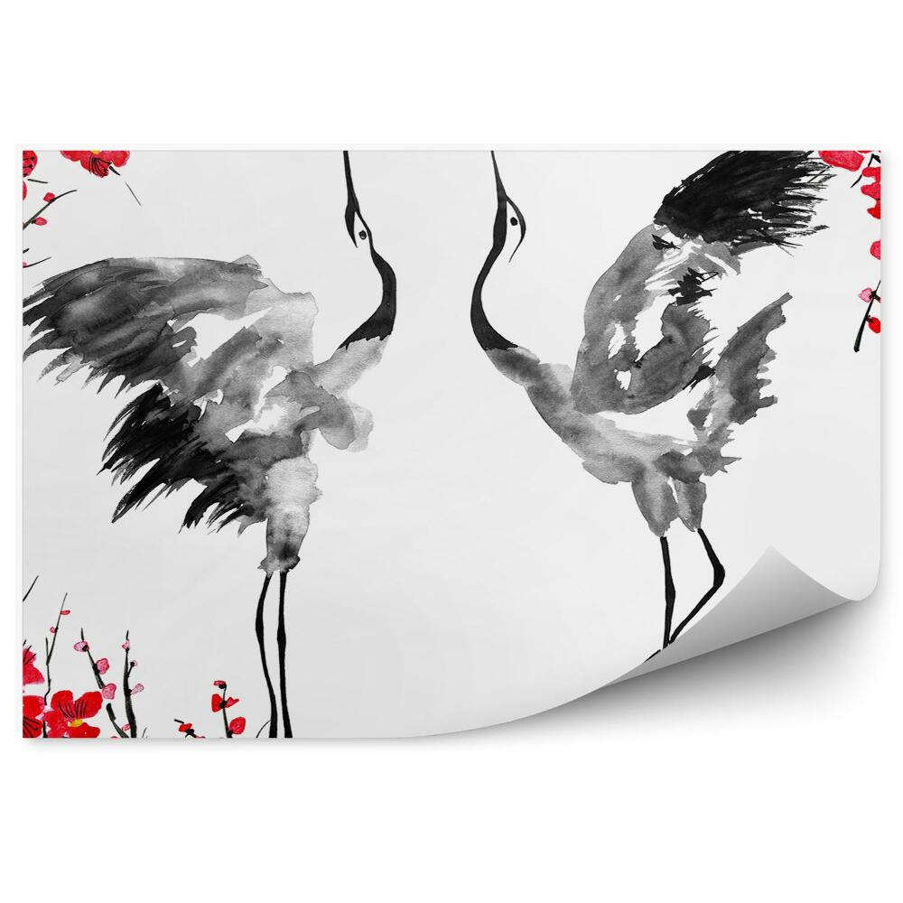 Samolepící fototapeta Ilustrace jeřábů a květin