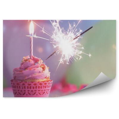 Fototapeta Růžový narozeninový cupcake studený oheň svíčka barevné posypky