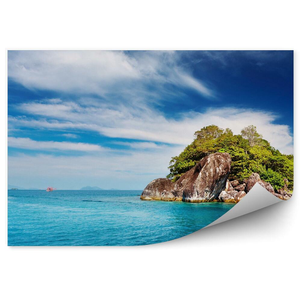 Fototapeta na zeď Skály ostrov loď modrá voda horizont hory