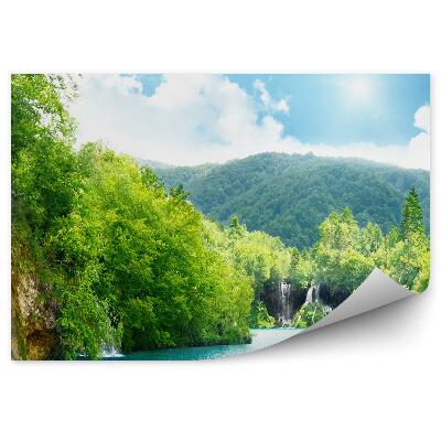 Samolepící fototapeta Hill lesní vodopád modrá voda