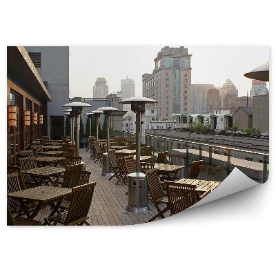 Samolepící fototapeta Jídelna gril terasa výhled palmy oceán mrakodrapy avenue