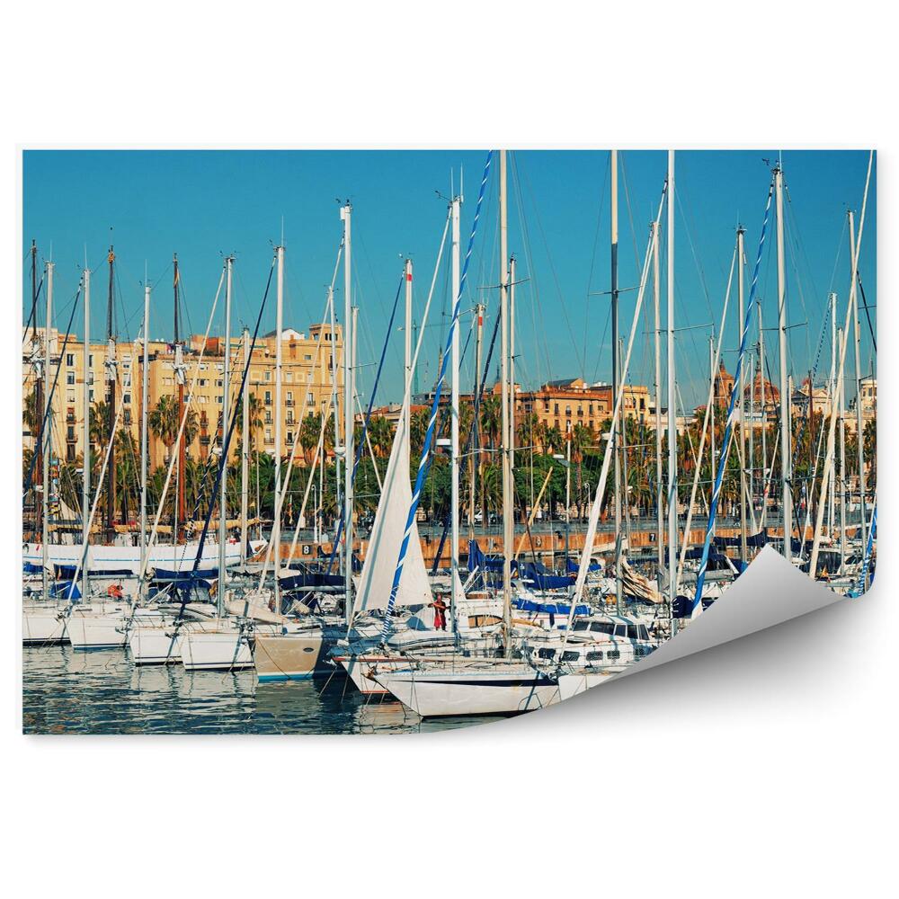 Fototapeta na zeď Barcelona jachty přístav palmy budovy