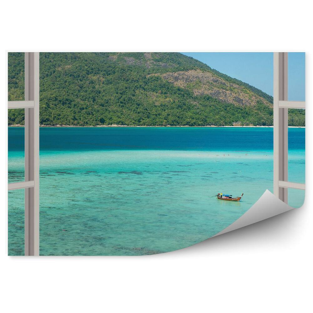 Samolepící fototapeta Loď modrá voda zelený ostrov