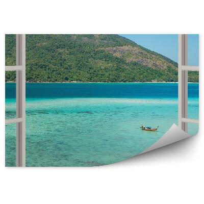 Samolepící fototapeta Loď modrá voda zelený ostrov