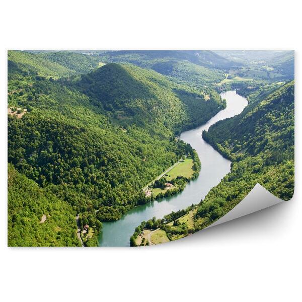 Fototapeta Řeka zelená hory stromy silnice domy nebe