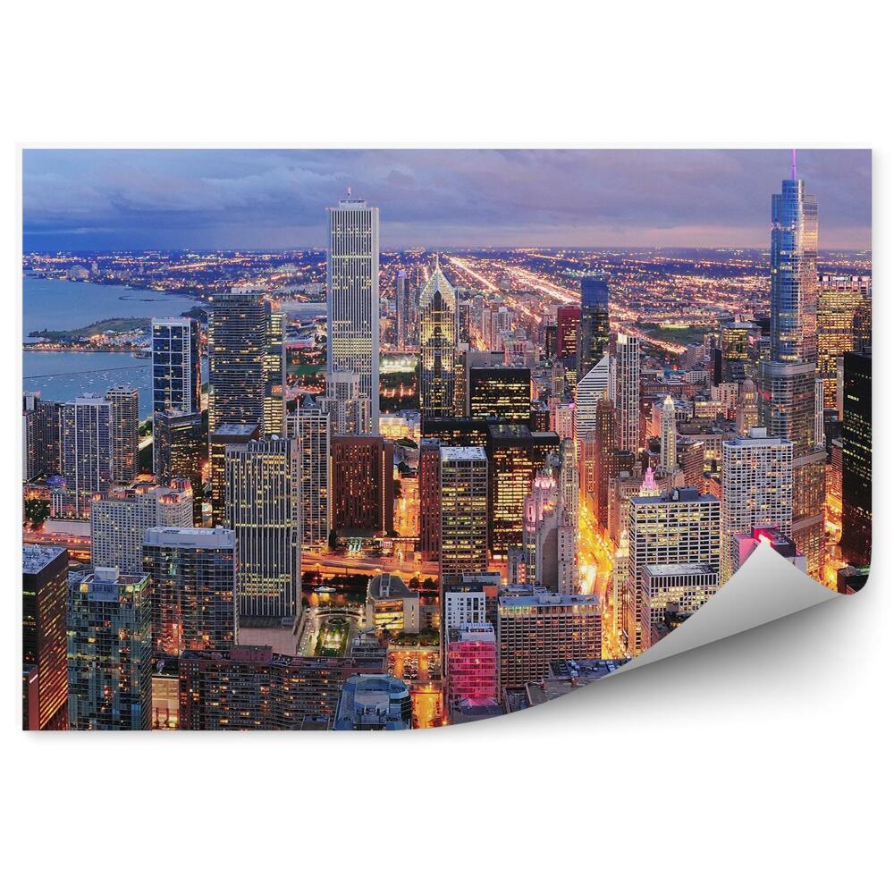Fototapeta Chicago noční panorama mrakodrapy světla oceán