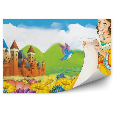 Samolepící fototapeta Princezna zámek ptáci květiny hory mraky