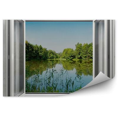 Samolepící fototapeta Šedá zeď okno les jezero stromy