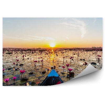 Fototapeta na zeď Loď na jezeře s lekníny a západ slunce