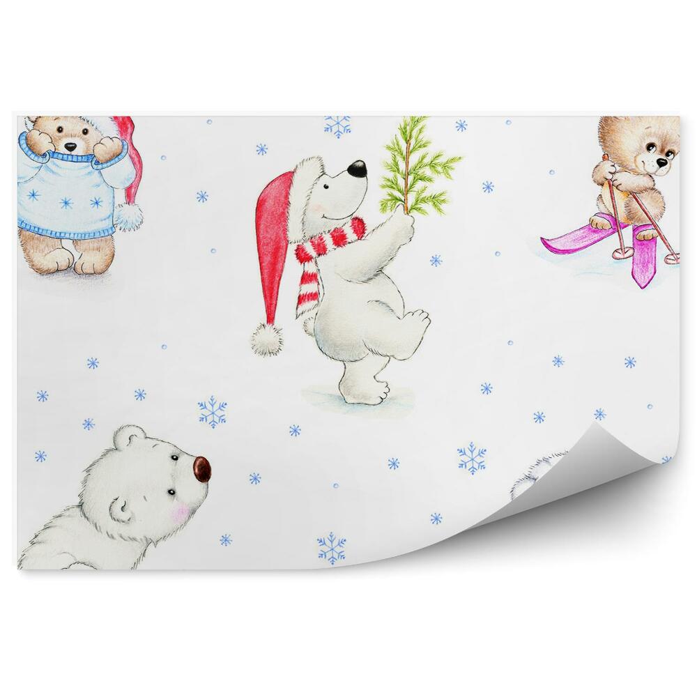 Samolepící fototapeta Medvídek zimní lyže vánoční stromeček