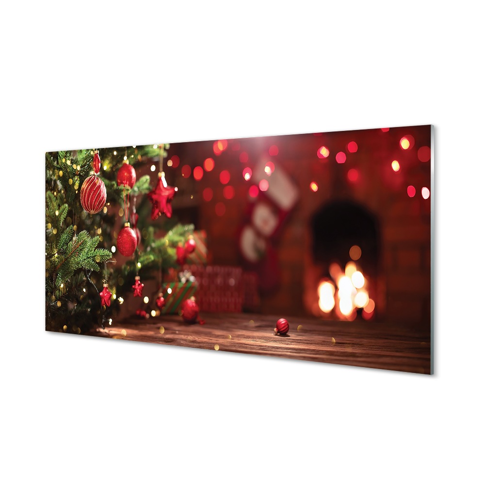 Skleněný obraz na stěnu Vánoční stromek na pozadí krbu