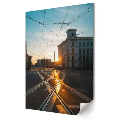 Plakát na zeď Západ slunce nad tramvajovými kolejemi
