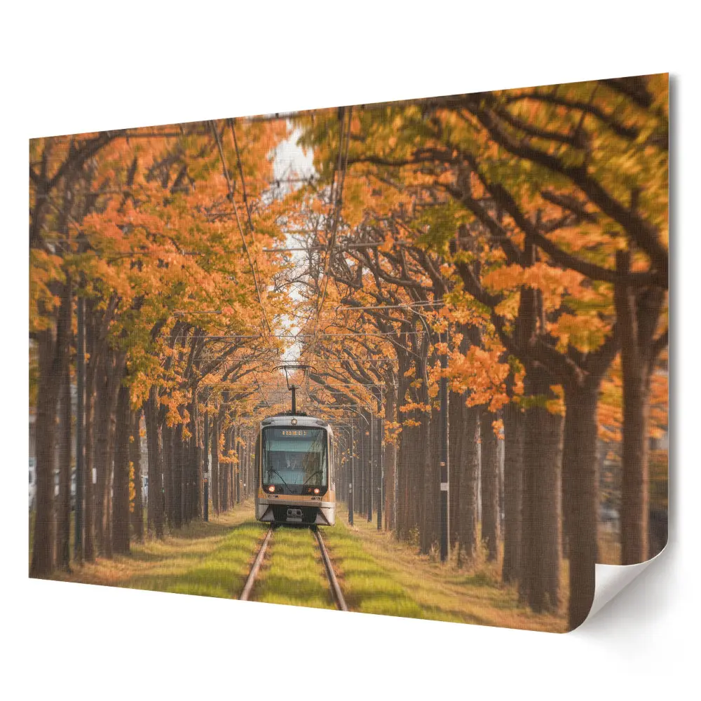 Stylový plakát na zeď Tramvaj v podzimní aleji stromů