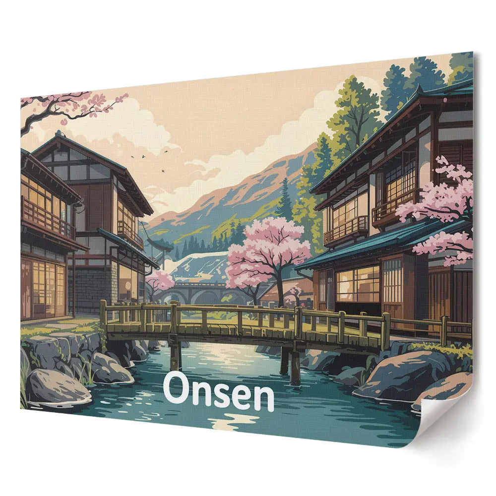 Stylový plakát na zeď Japonská krajina s horkými prameny