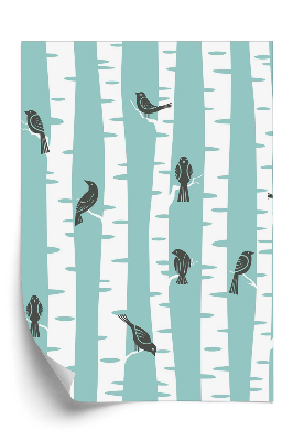 Samolepící tapeta Les a ptáci na modrém pozadí