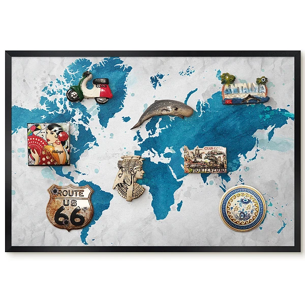 Magnetická nástěnná tabule mapa světa s akvarelovým modrým pozadím