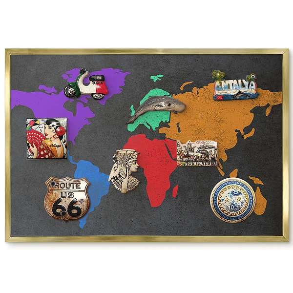 barevná mapa na tmavém pozadí se zlatým rámem