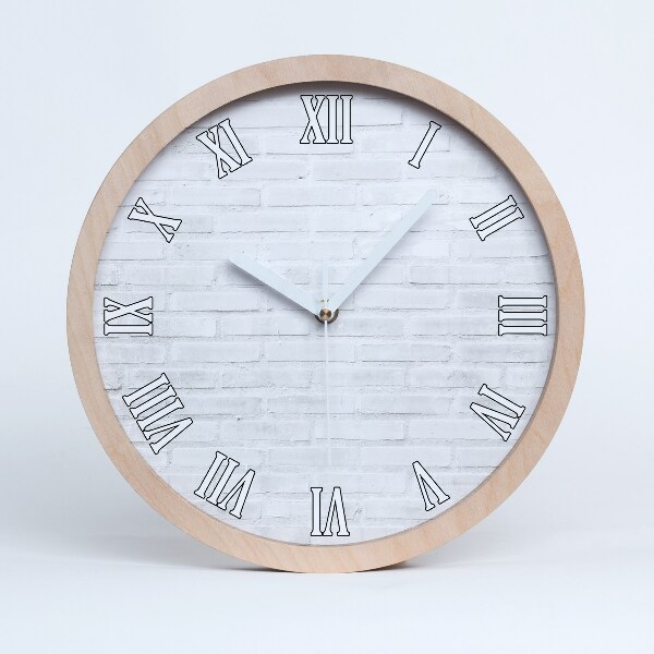 Dřevěné hodiny na stenu Bílá cihlová zeď