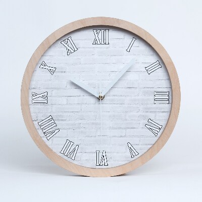 Dřevěné hodiny na stenu Bílá cihlová zeď