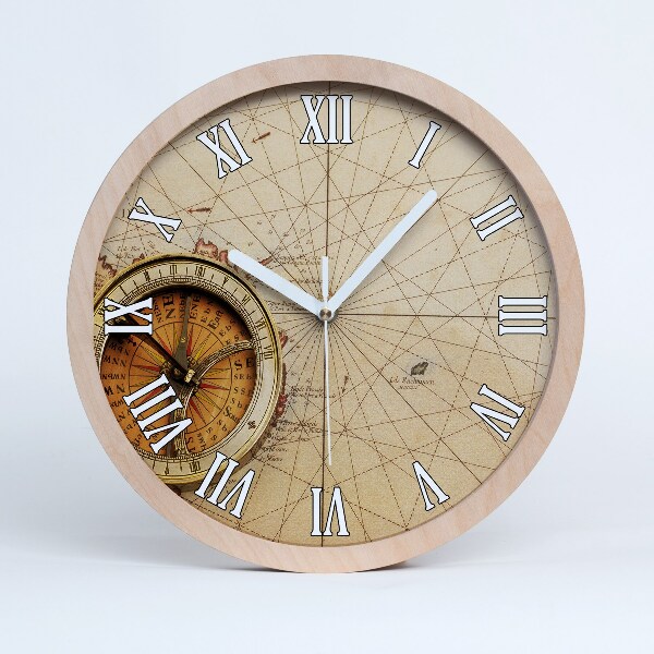 Dřevěne hodiny Kompas na mapě