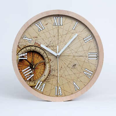 Dřevěne hodiny Kompas na mapě