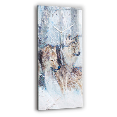 Vertikální hodiny na skle Vlci v lese