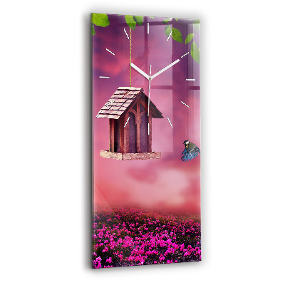 Vertikální hodiny na skle Ptačí domek