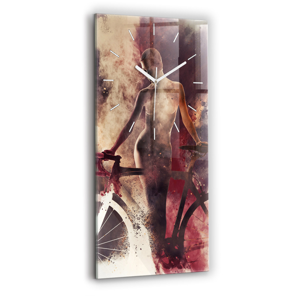 Vertikální hodiny na skle Žena a jízdní kolo