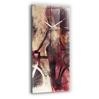 Vertikální hodiny na skle Žena a jízdní kolo