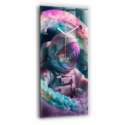 Vertikální hodiny na skle Kosmonaut a barevné mraky
