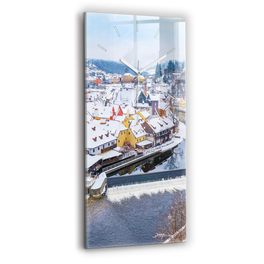 Vertikální nástěnné hodiny Panorama města v zimě