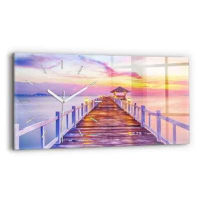 Horizontální nástěnné hodiny Most v přístavu večer