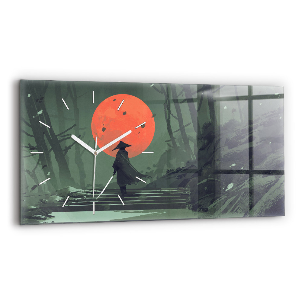 Horizontální skleněné hodiny nástěnné Samuraj v lese