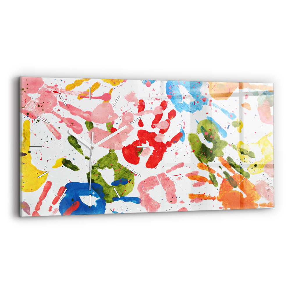 Horizontální skleněné hodiny nástěnné Otisky rukou dětí