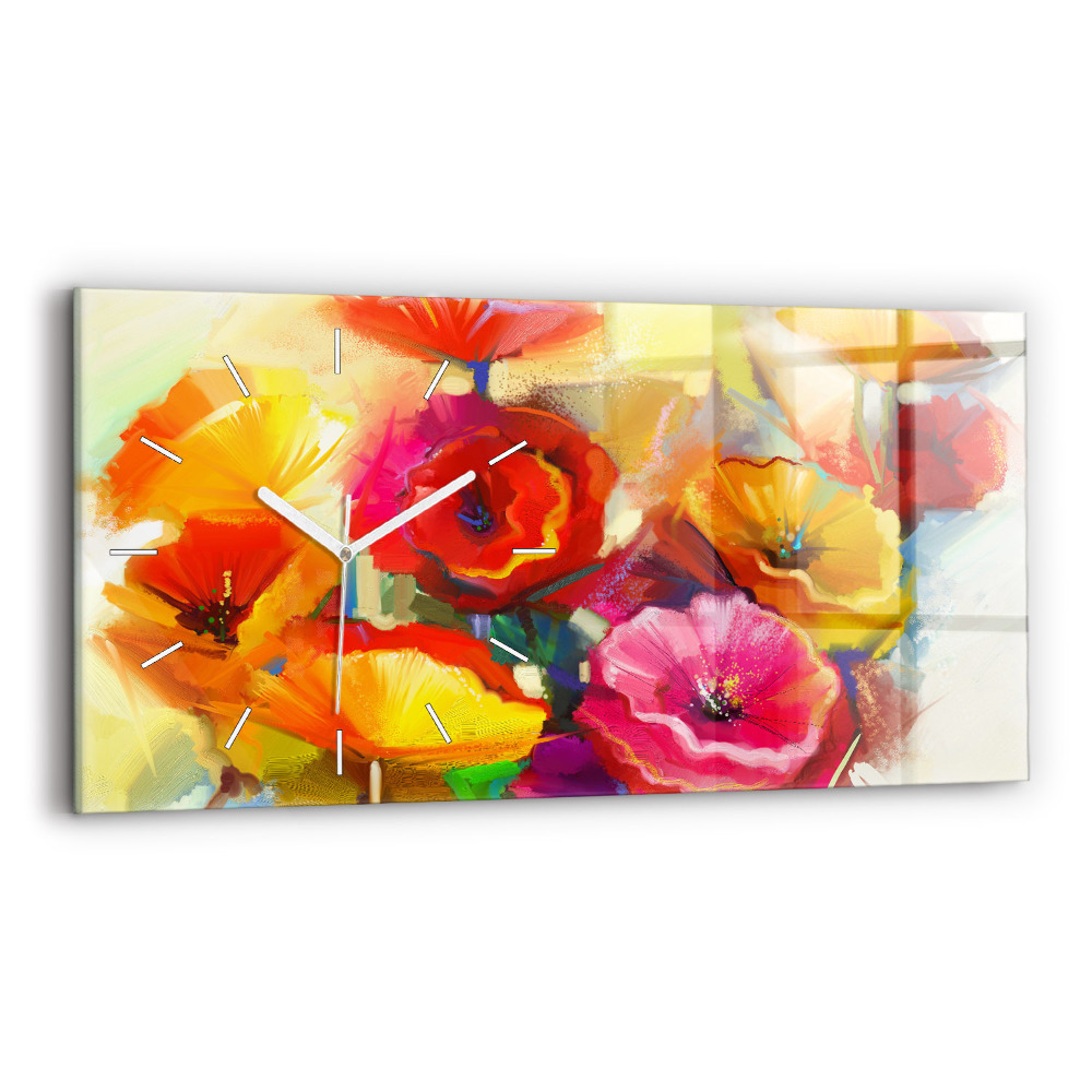Horizontální skleněné hodiny nástěnné Barevné máky
